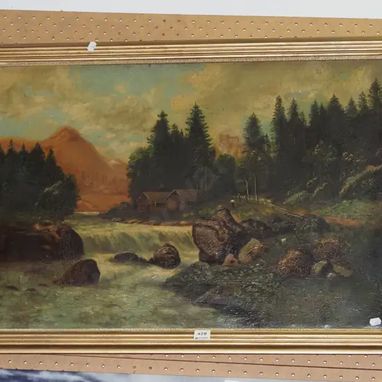 framed oil on canvas - farmhouses by stream