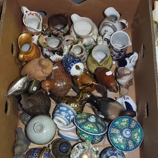 box; numerous jugs, lidded canisters, bird figurines