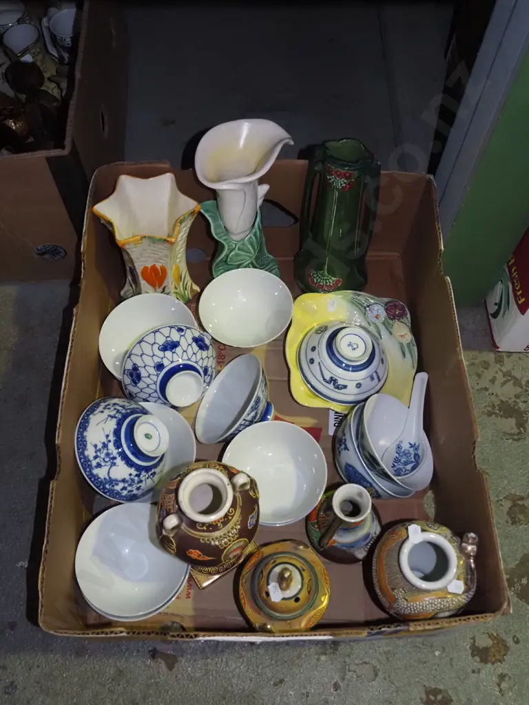 box; Asian vases, bowls, lily vase - has crack etc Image 1++