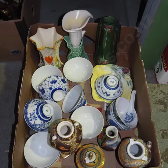 box; Asian vases, bowls, lily vase - has crack etc