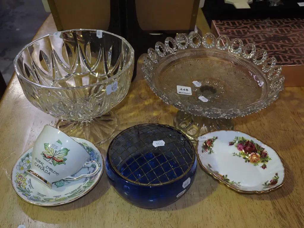 blue glass rose bowl, cup, saucer, jam dish etc Image 1++