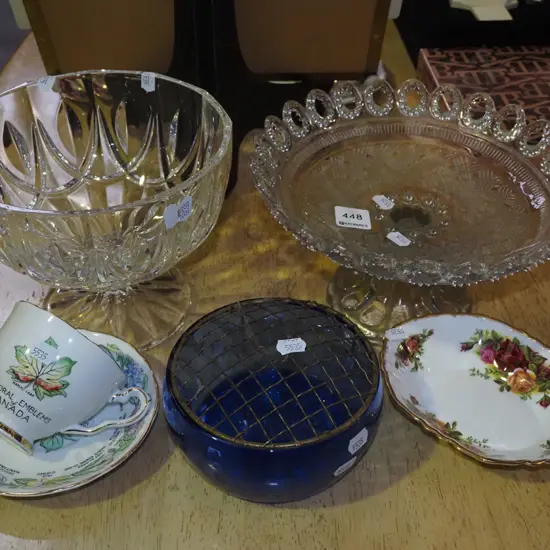 blue glass rose bowl, cup, saucer, jam dish etc