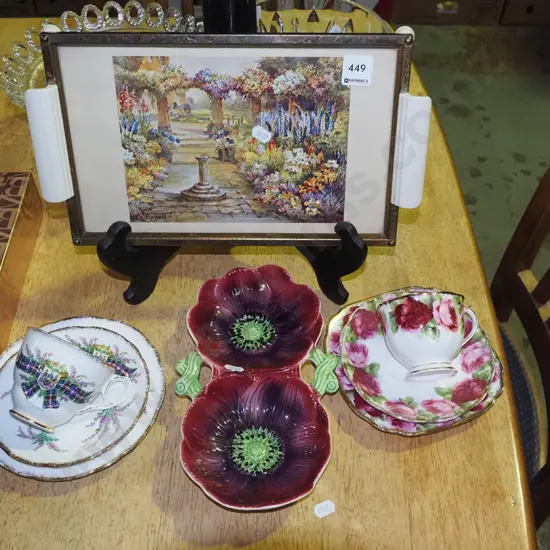 small deco garden themed gllery tray, 2x trios, Staffordshire poppy dish