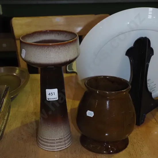 Teal ceramics vase, 1 other brown vase Tallest H250