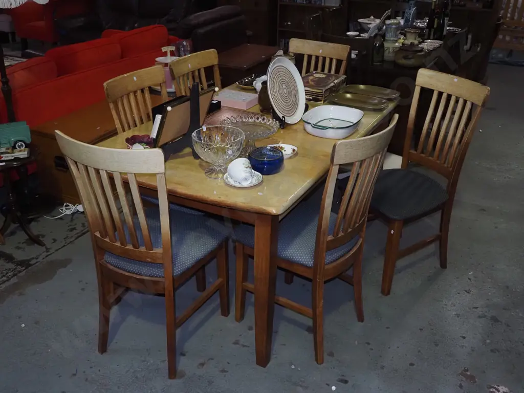 rubber wood extending dining table with 6 matching chairs - significant staining to chairs and table Image 1++