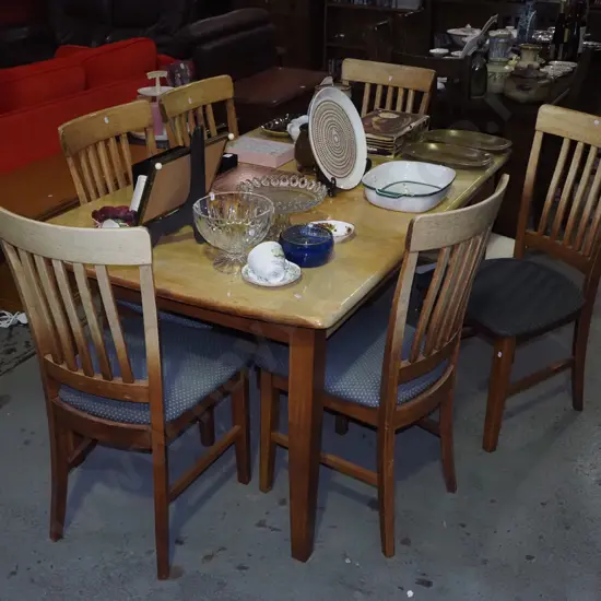 rubber wood extending dining table with 6 matching chairs - significant staining to chairs and table
