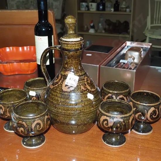 studio pottery decanter, 6 small goblets