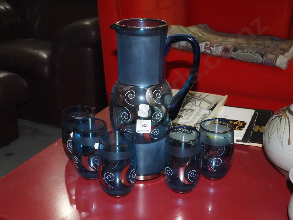 blue and silver water jug and 5 glasses Image 1++