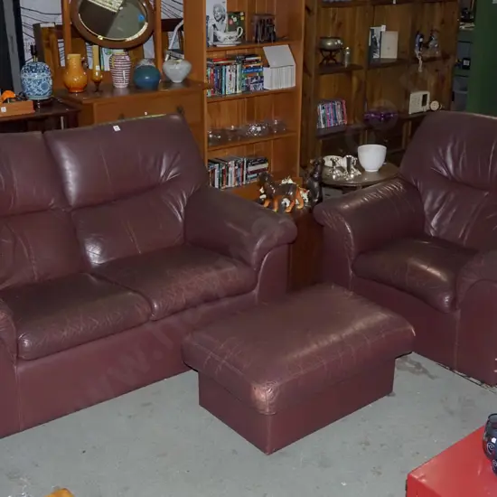 1980s burgundy 3 piece leather lounge suite - 2 seater, single and footstool