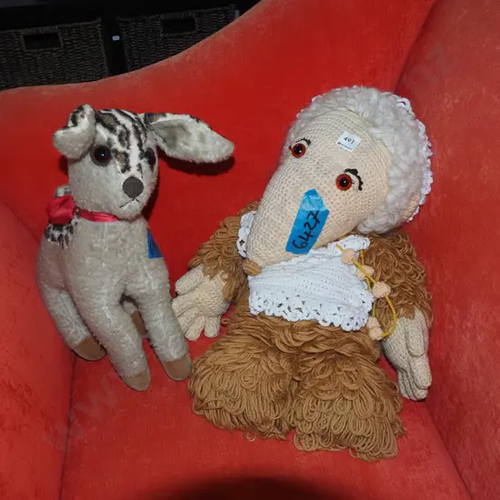 hand knitted womble, vintage toy dog