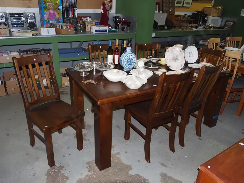 solid pine dining table with 6 wooden chairs H790 W1800 D890 Image 1++