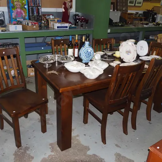 solid pine dining table with 6 wooden chairs H790 W1800 D890