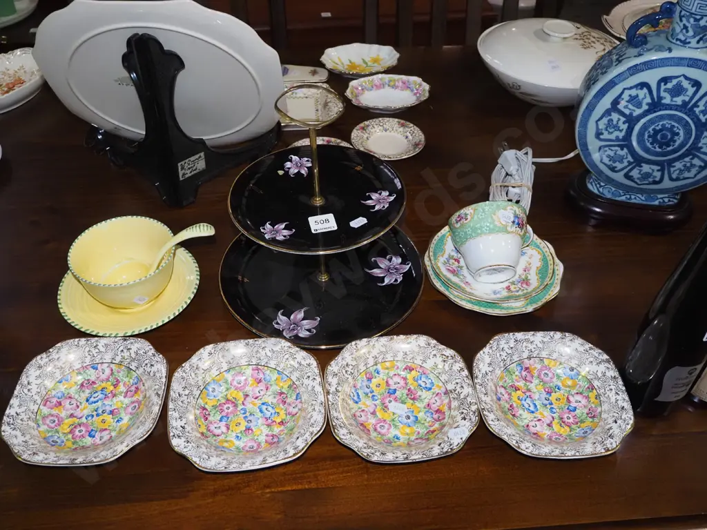 cake server, Staffordshire sweet dishes, trio, Ducal bowl and ladle - small chip to rim Image 1++