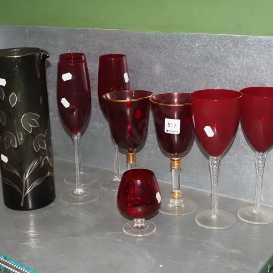 ruby glass glasses, water jug, vase