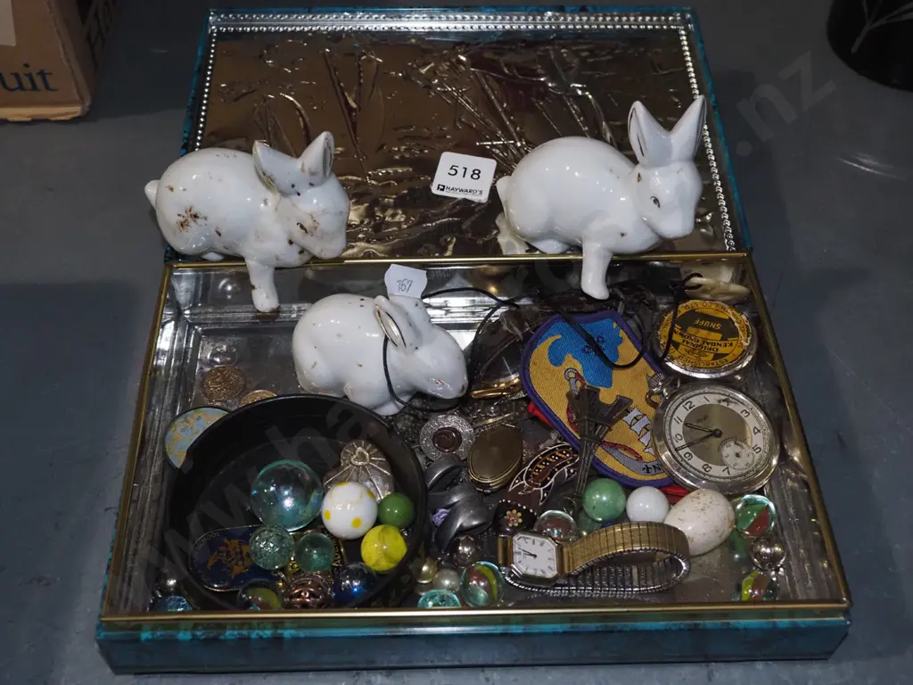 tin; ceramic rabbit,  marbles etc Image 1++