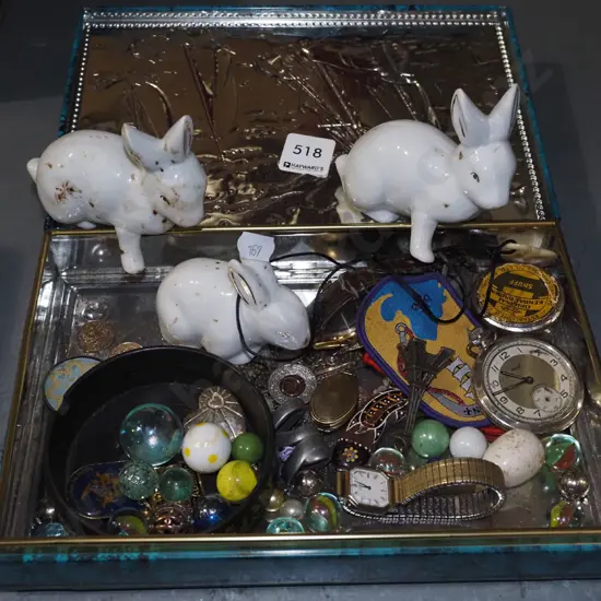 tin; ceramic rabbit,  marbles etc