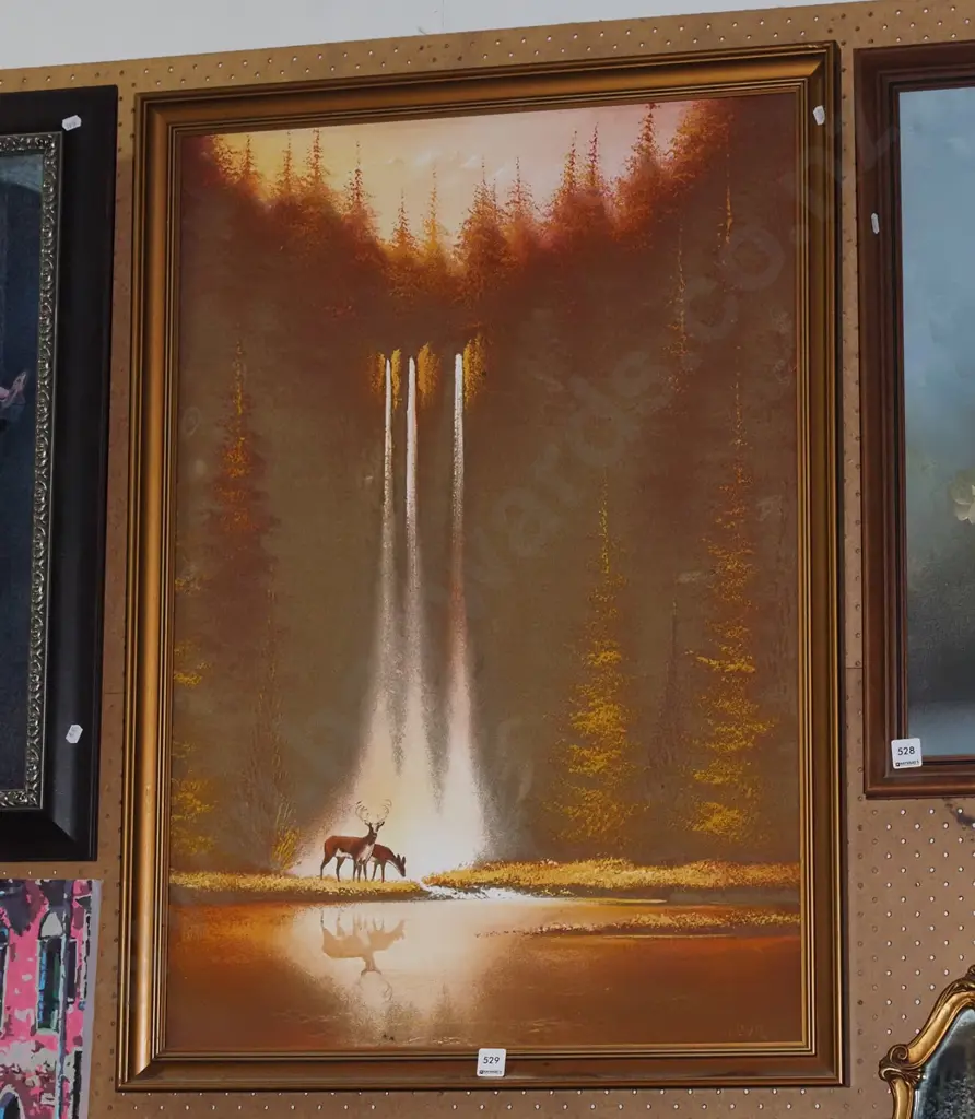 framed oil on velvet - deer and waterfall Image 1++