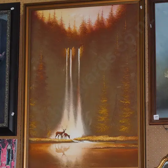 framed oil on velvet - deer and waterfall