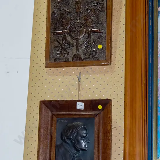 carved wooden panel, pressed tin portrait - yellow dots