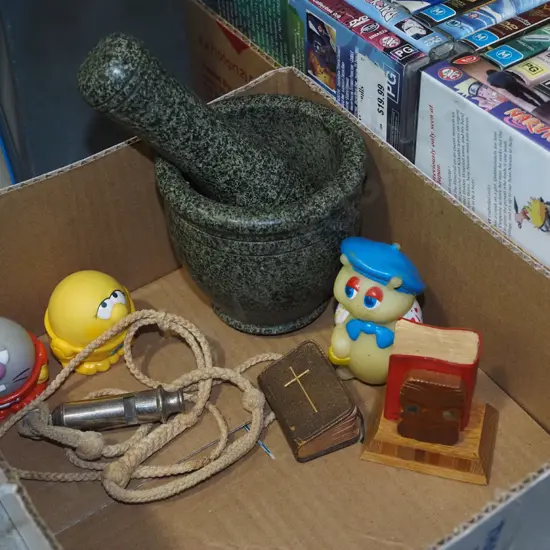 box; mortar pestle, policeman whistle etc