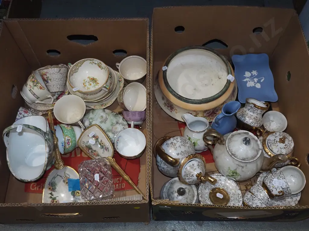 2x boxes; cups, jugs, teapots etc - yellow dots Image 1++