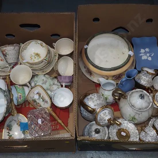 2x boxes; cups, jugs, teapots etc - yellow dots