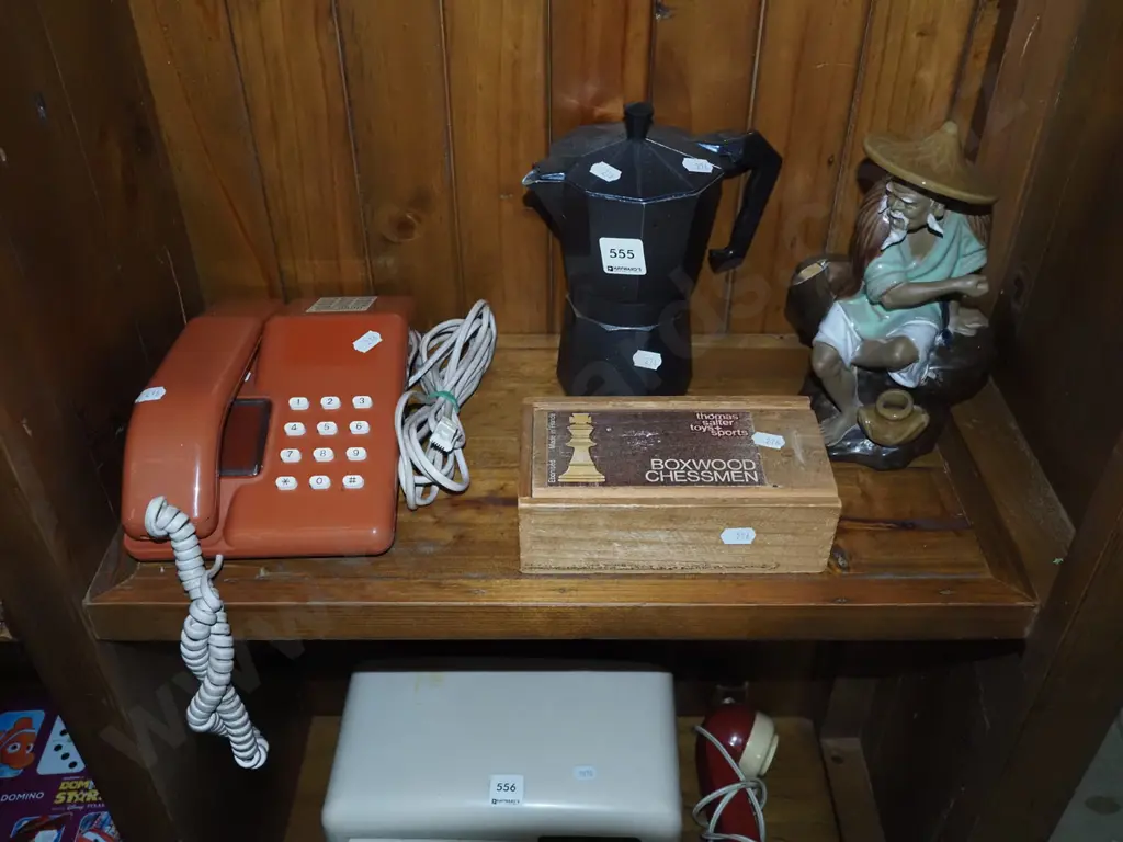shelf; chess pieces, mud figurine, espresso maker etc Image 1++