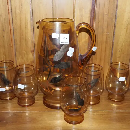 amber and gold water jug, 5 glasses