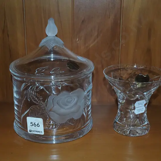 French crystal rose themed canister, small Webb Corbett vase Canister H170