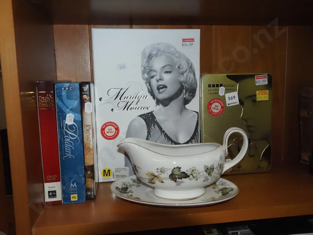 DVDs, Royal Albert Larchmont gravy boat, buttons, badges Image 1++