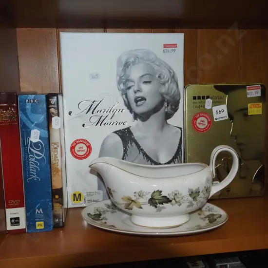 DVDs, Royal Albert Larchmont gravy boat, buttons, badges