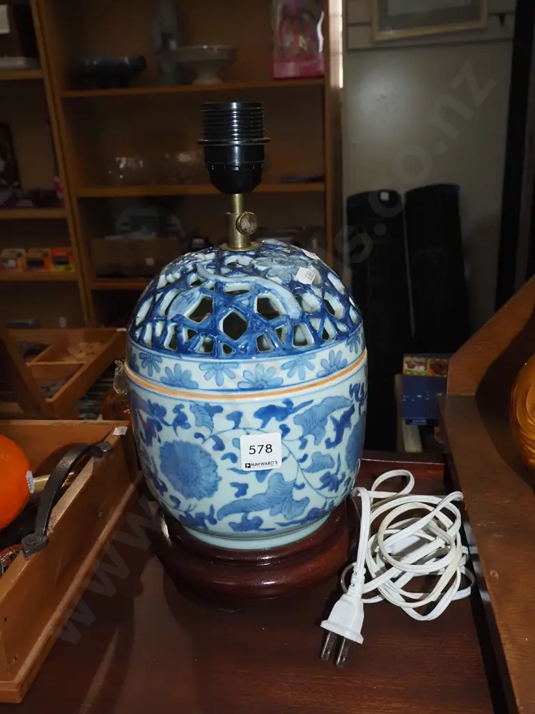 Asian ceramic lamp base with piereced work top - plug needs attention H340 Image 1++
