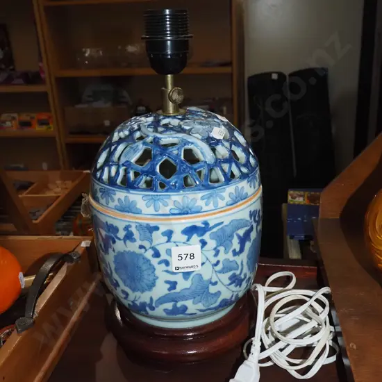 Asian ceramic lamp base with piereced work top - plug needs attention H340