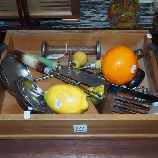 rimu tray, faux fruit, kitchen utensils etc