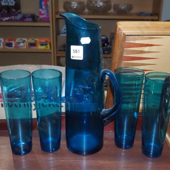 blue glass water jug, 4 tumblers H280