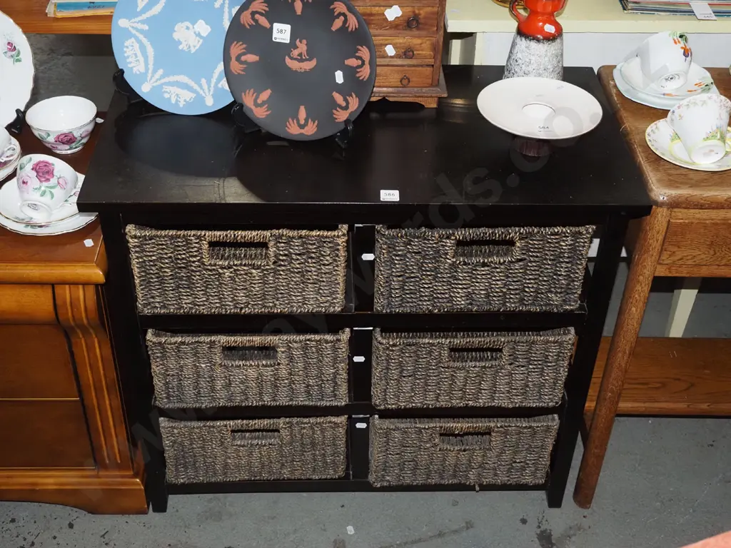 dark stained wooden cabinet with 6 seagrass basket drawers Image 1++
