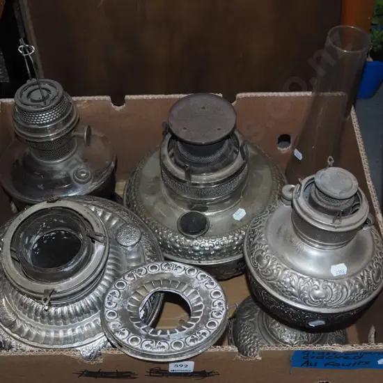 box; kerosene lantern bases, 1 glass chimney