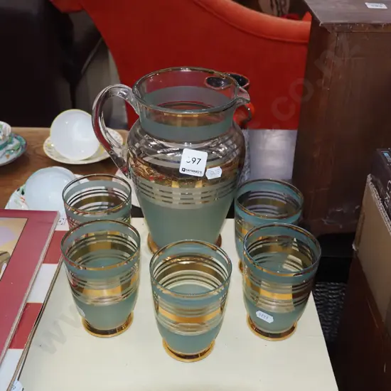 teal glass and gold band water jug, 5 tumblers