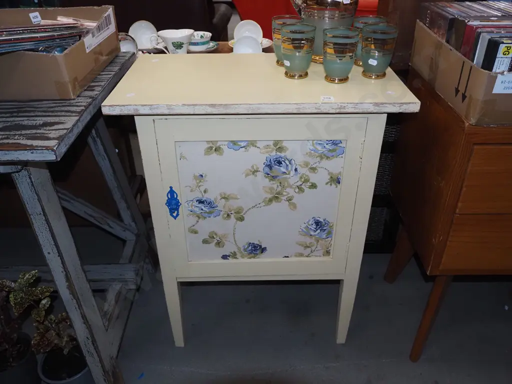 hand painted solid wood pot cupboard with wal paper door inlay Image 1++