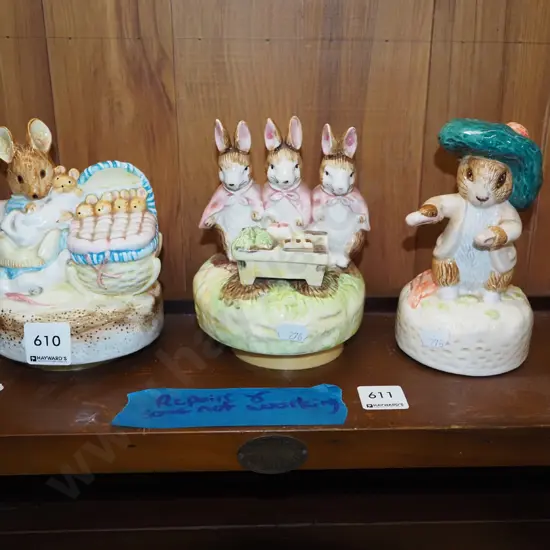 3x Beatrix Potter musical figurines - repairs, only 1 working