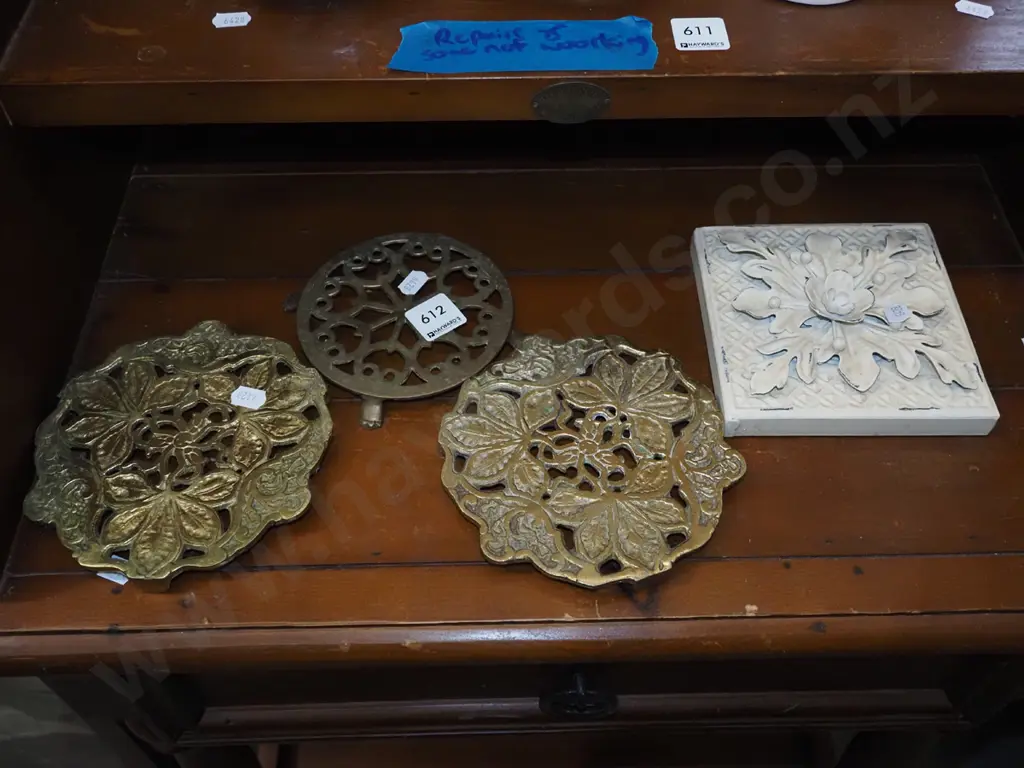 solid brass trivet, pressed tin tile Image 1++