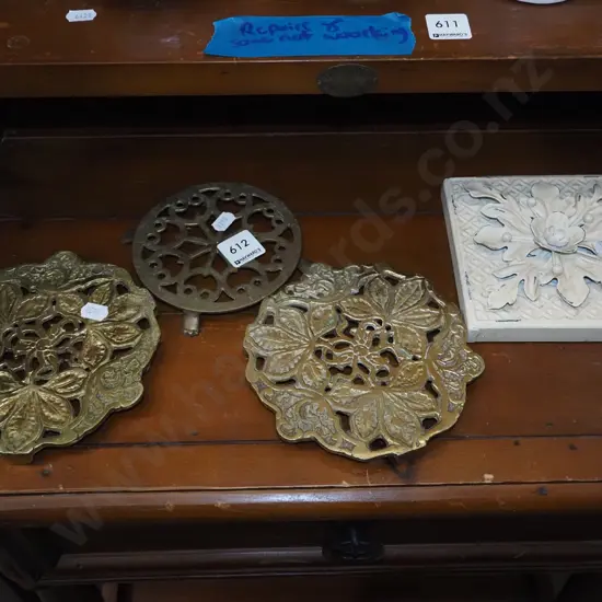 solid brass trivet, pressed tin tile