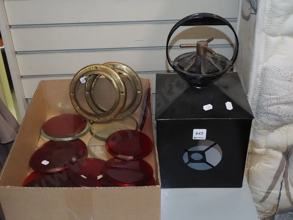 partially restored signal lantern, red and clear lenses, brass bezels Image 1++