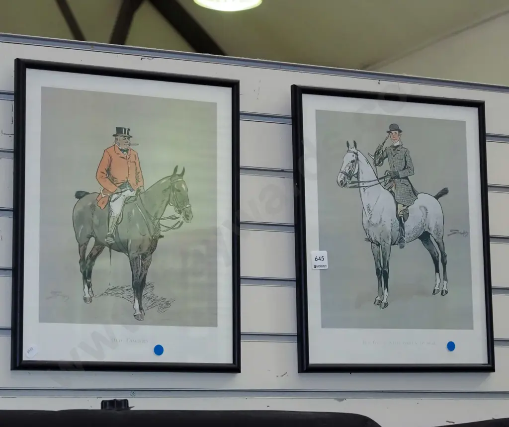 2x framed prints - horse riders - blue dots Image 1++