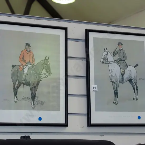 2x framed prints - horse riders - blue dots