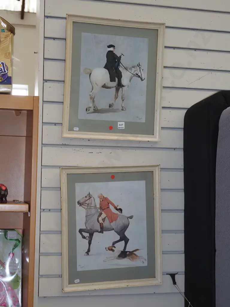 2x framed prints - riders on horse- foxing - red dots Image 1++
