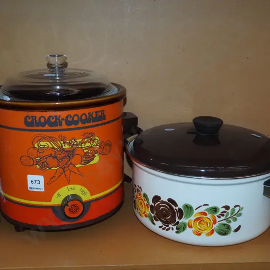 very early retro slow cooker, enamel casserole