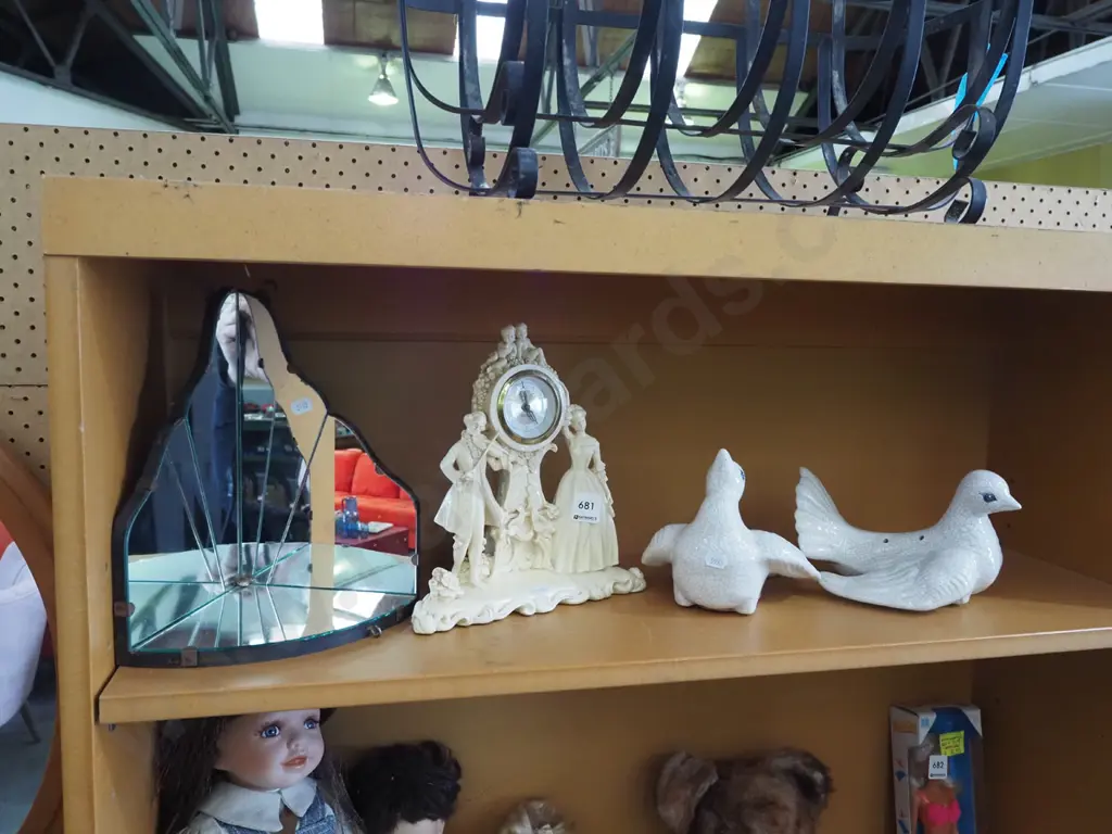 bird figurines, composite mantle clock, corner shelf Image 1++