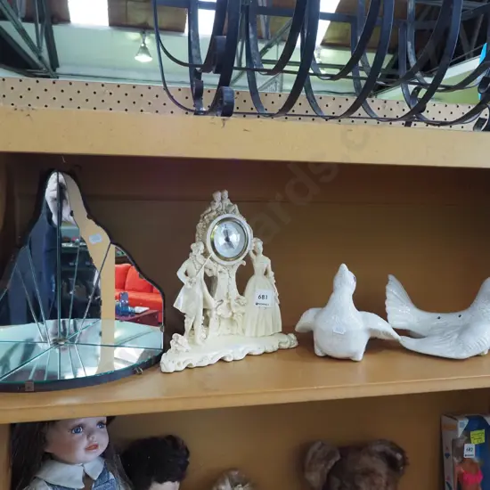 bird figurines, composite mantle clock, corner shelf