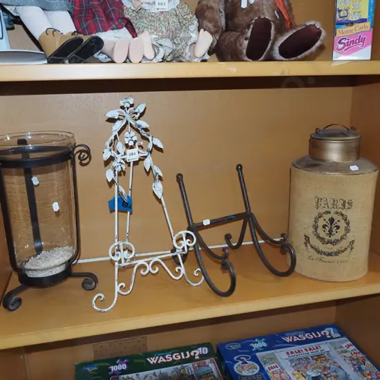 lidded canister, cookbook stand, easel, glass vase